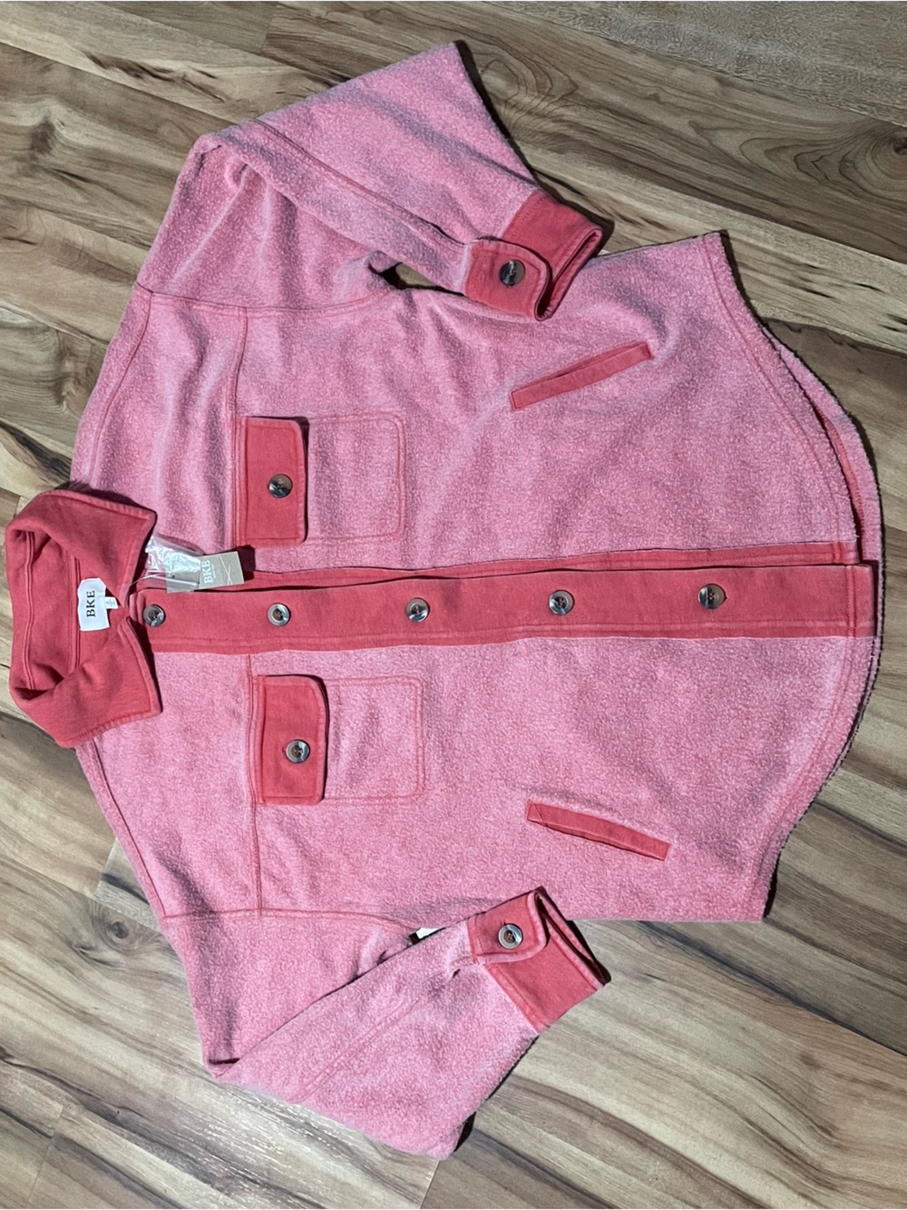 NWT BKE Buckle Reverse Fleece Shacket Pink Coral Button Down Jacket Size Small